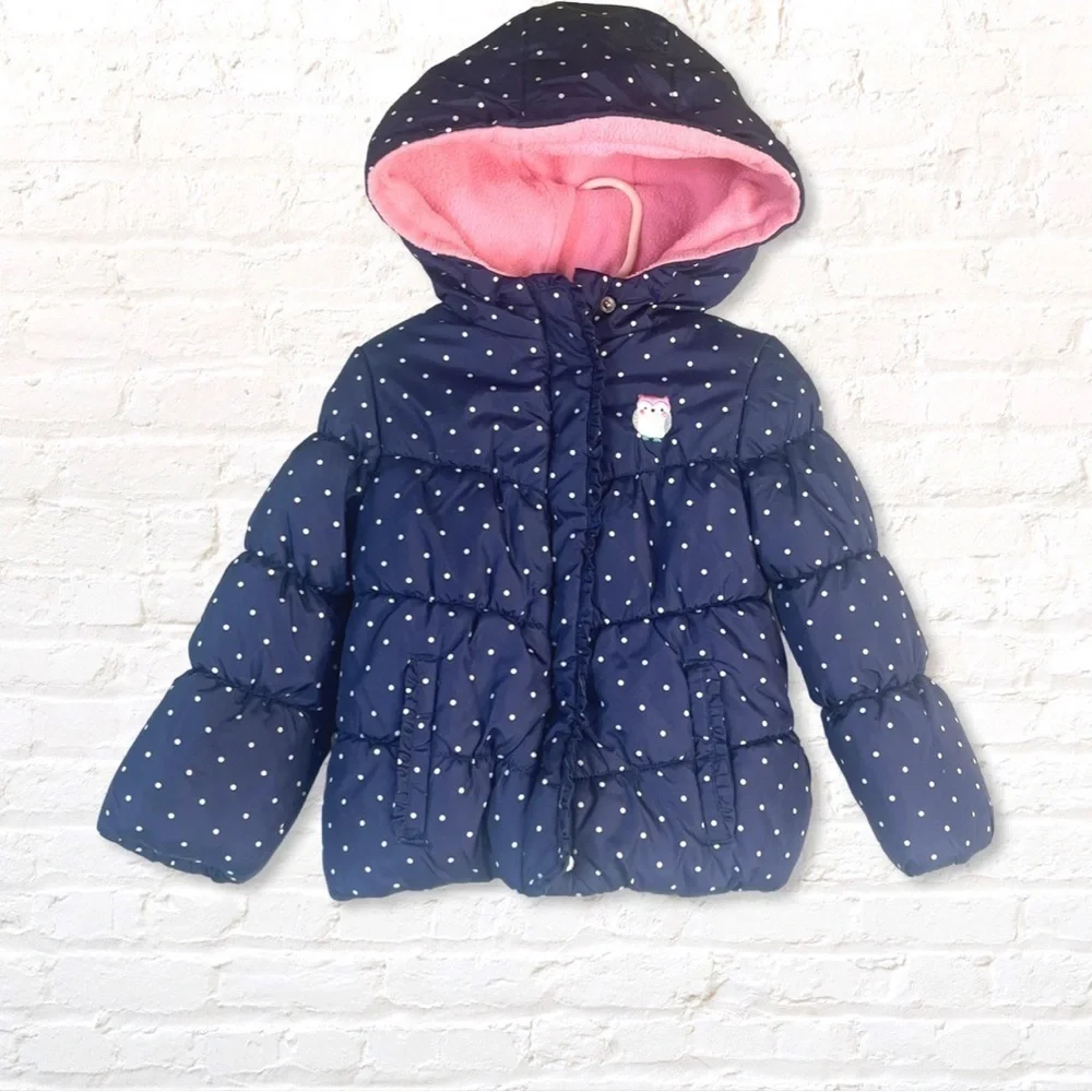 Carter's Girls Navy Polka Dot Fleece Lined Hooded Puffer 4T
